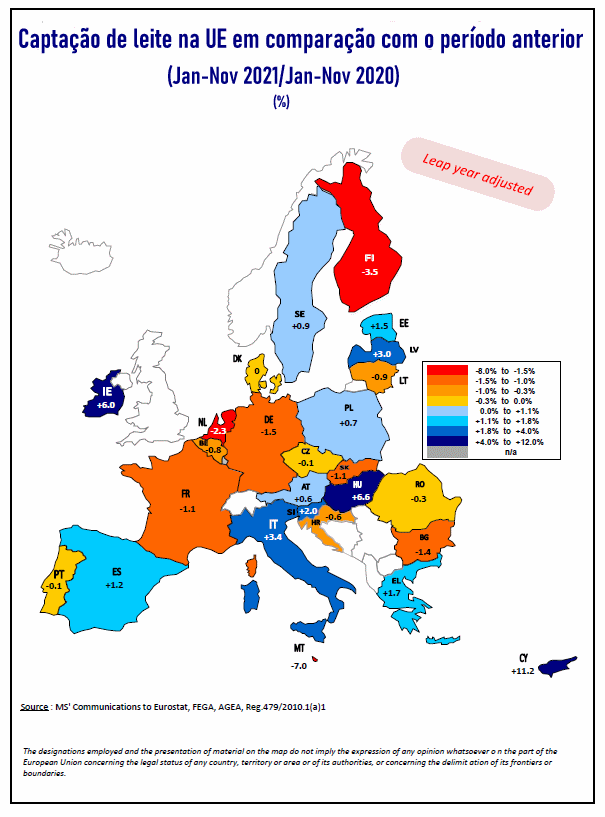 UE – A captação de leite na UE caiu em 2021