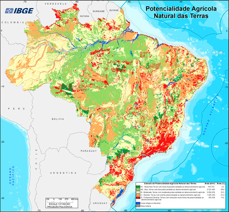 Publicação inédita do IBGE mostra elevado potencial natural para a agricultura no país