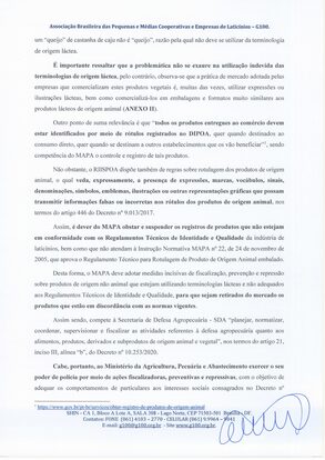 G100 envia ofício à Ministra Tereza Cristina sobre o uso indevido de terminologias lácteas