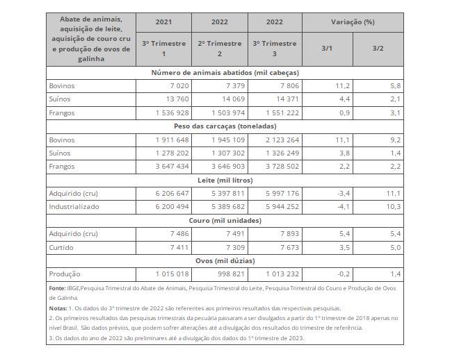 Trimestrais da pecuária - primeiros resultados: abate de bovinos, suínos e frangos cresce no 3º trimestre de 2022
