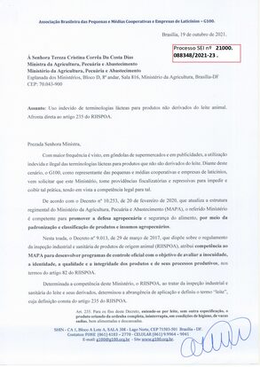 G100 envia ofício à Ministra Tereza Cristina sobre o uso indevido de terminologias lácteas