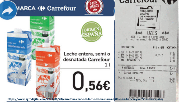 Carrefour vende o leite de sua marca a € 0,80 o litro na França e a € 0,56 na Espanha
